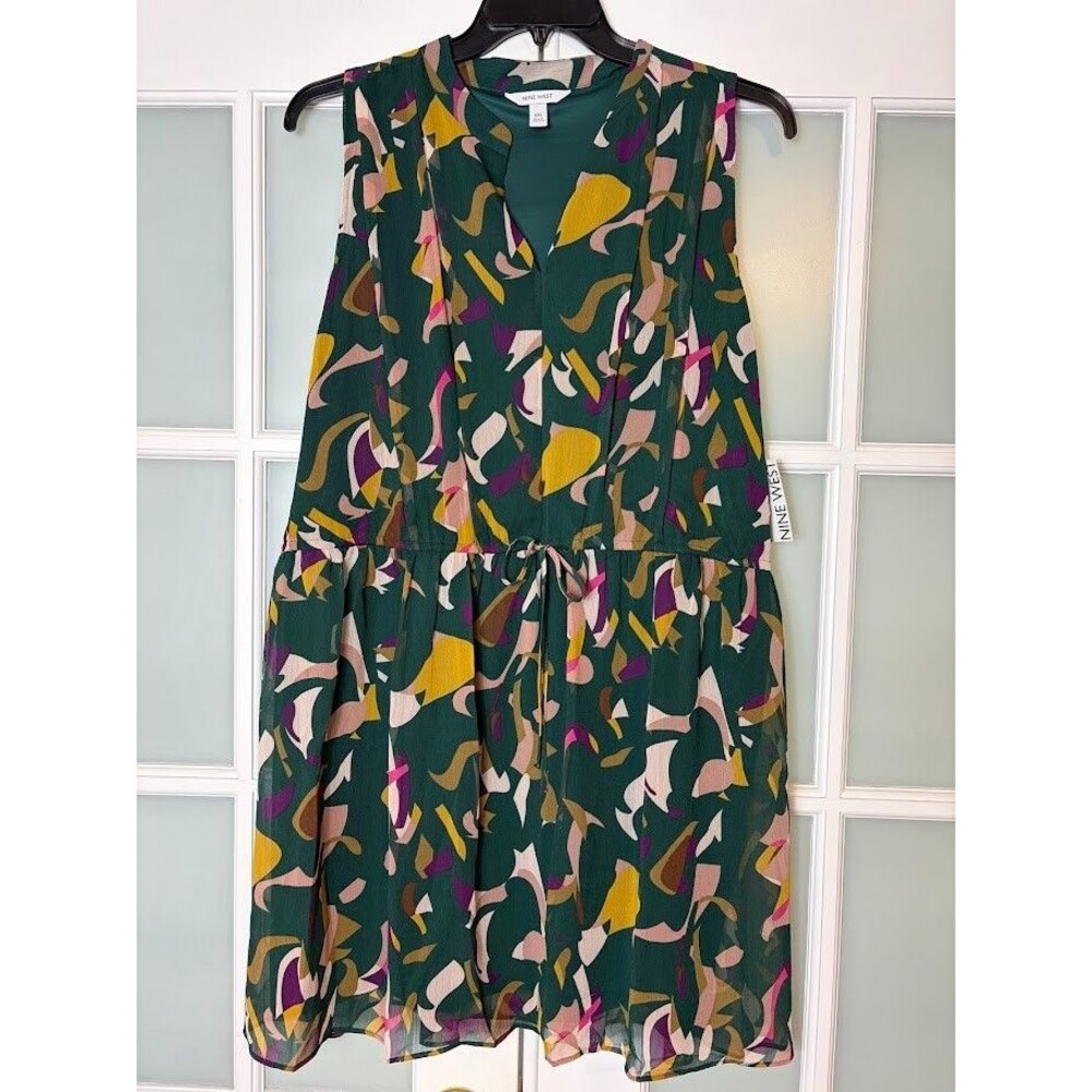 Nine West Green Midi Dress Tie Front Sleeveless Size XL Flowy BoHo Feminine